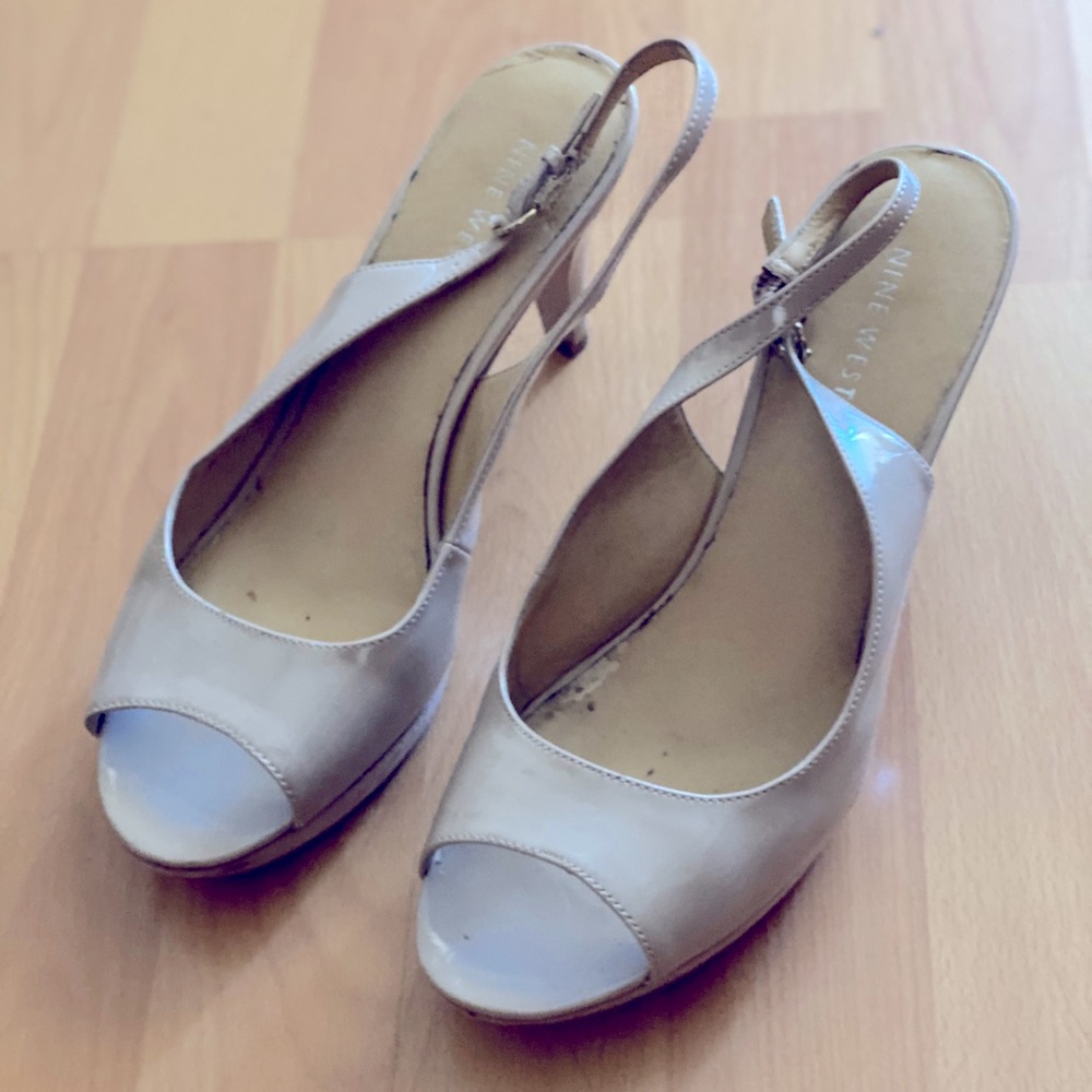 Sling Back, Nude Patent Leather Peep Toe Heel